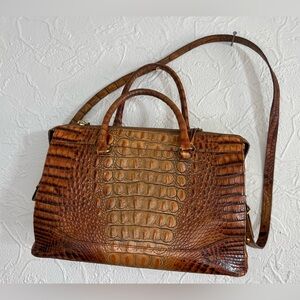 Vtg Brahmin Stacy Toasted Melbourne Crossbody Bag Croc Embossed Leather Brass